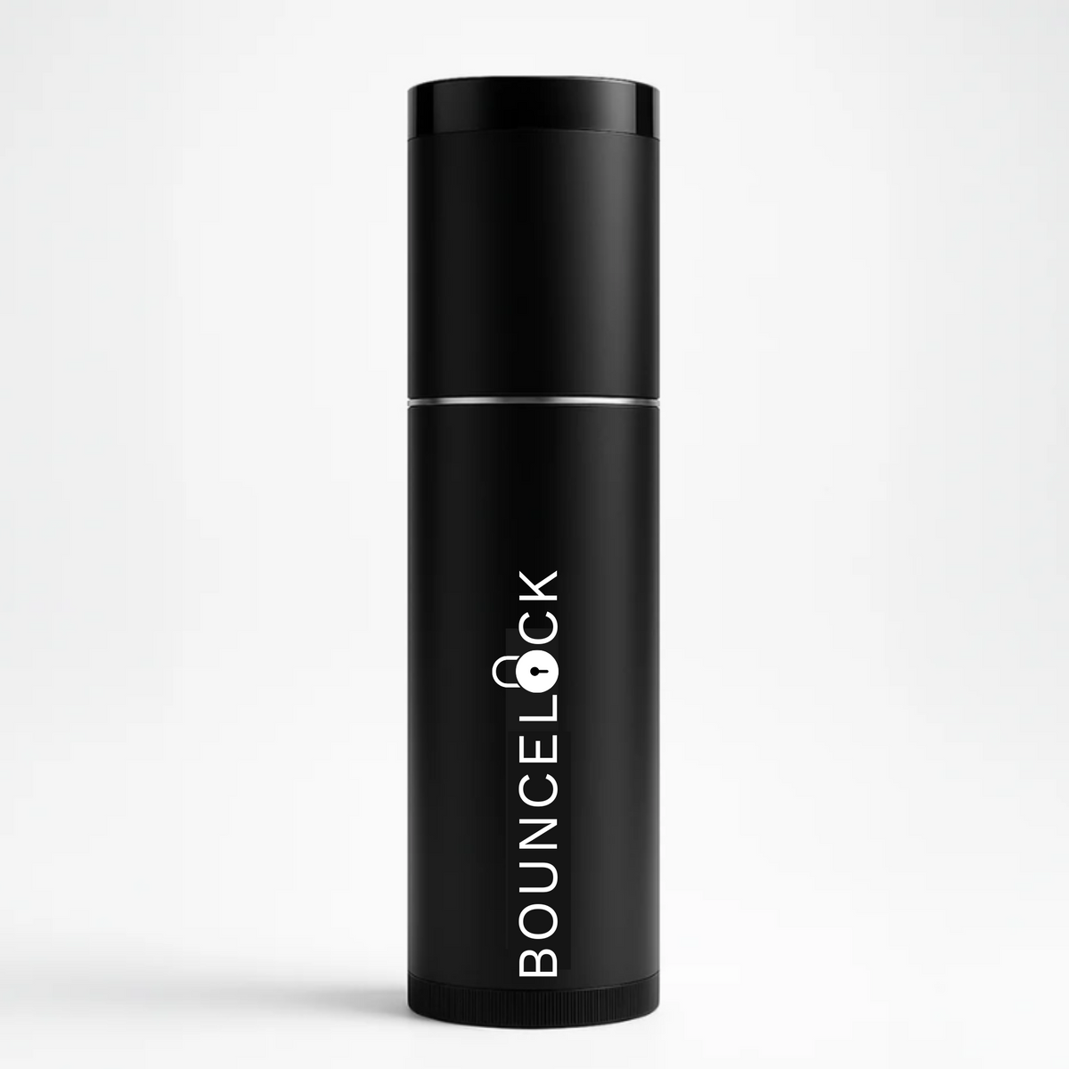 Black cylindrical container with 'BOUNCELOCK' branding on a light gray background