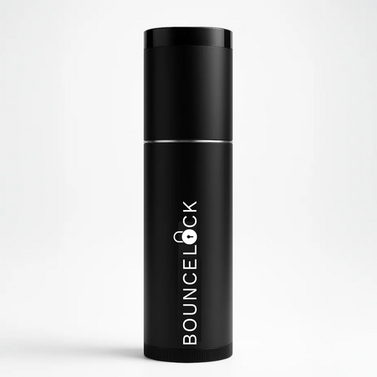 Black cylindrical container with 'BOUNCELOCK' branding on a light gray background
